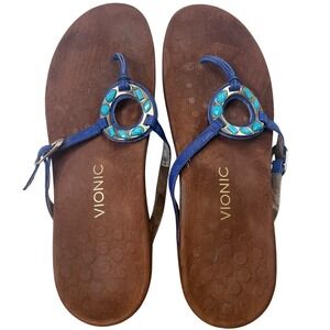 Vionic Ricci Thong Sandals Sz 11 Blue Orthotic Leather Flip Flops Jeweled Ring